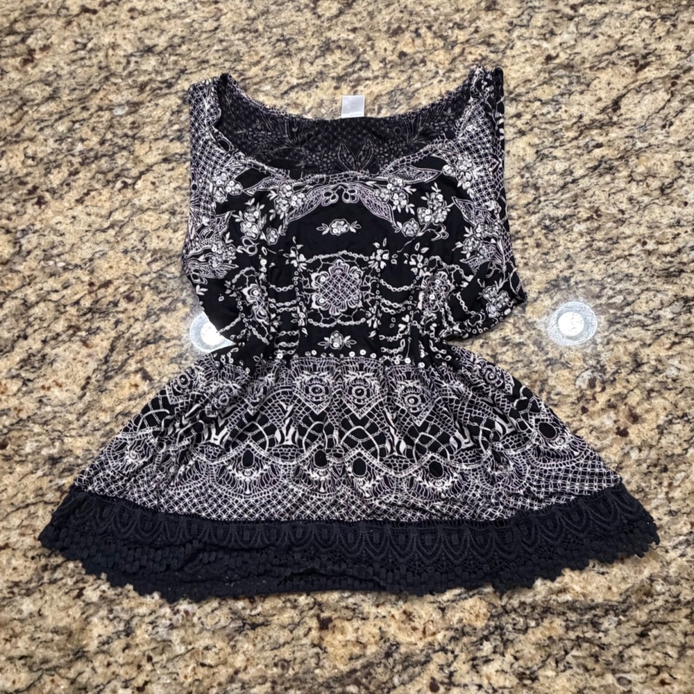 Bila Womens Black White Paisley Sequin Crochet Lace Trim Sleeveless Top Large v